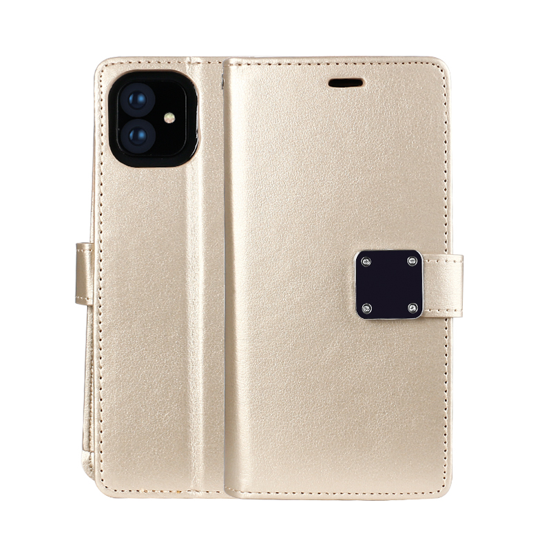 iPhone 11 (6.1in) Multi POCKETS Folio Flip Leather Wallet Case with Strap (Gold)